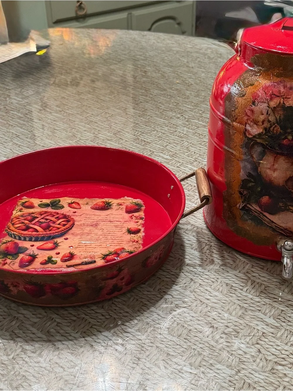 Better Homes And Gardens Red Floral Beverage Dispenser with Matching Red Tray